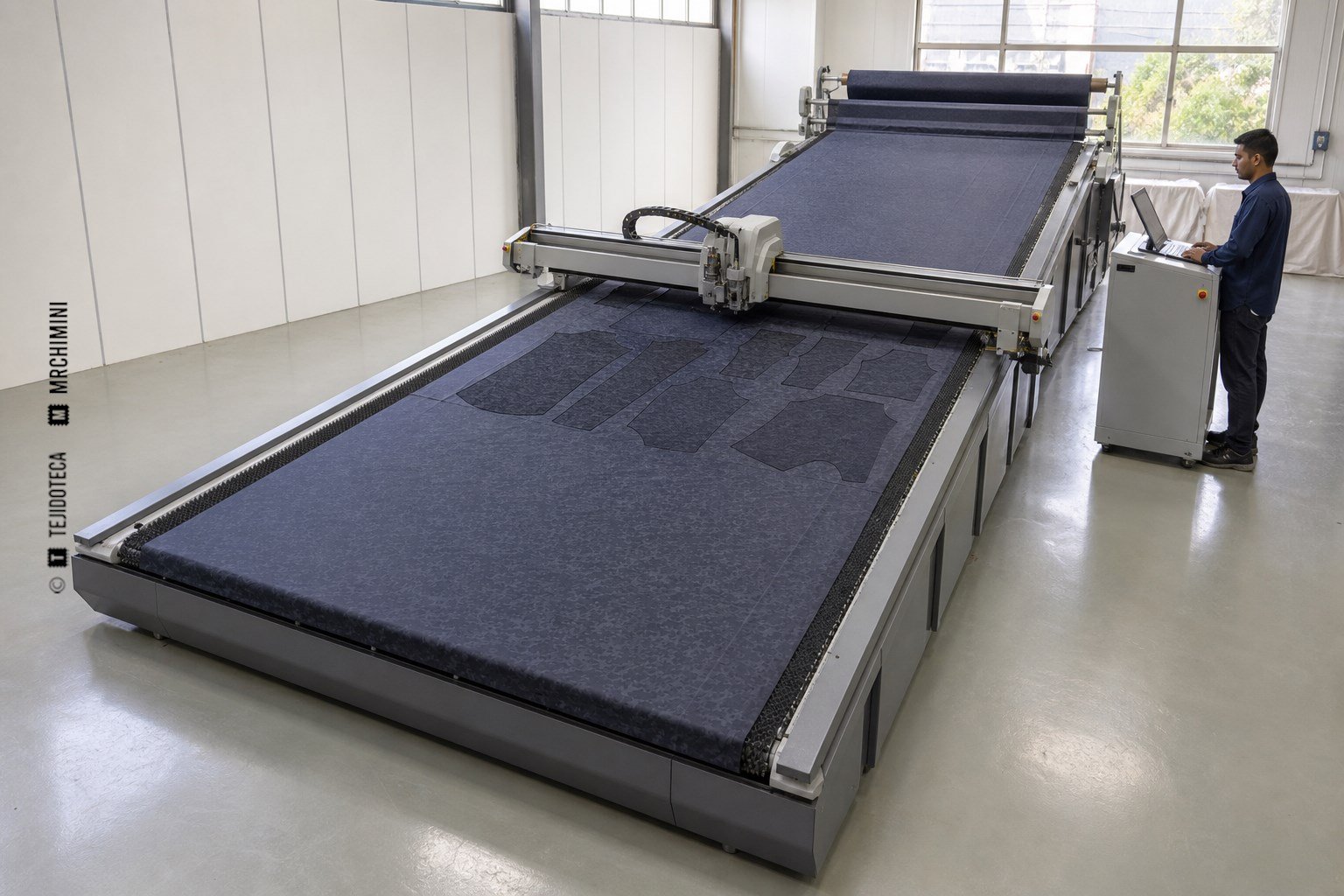 Sistema CNC de corte monocapa trabajando sobre tejido alimentado desde rollo