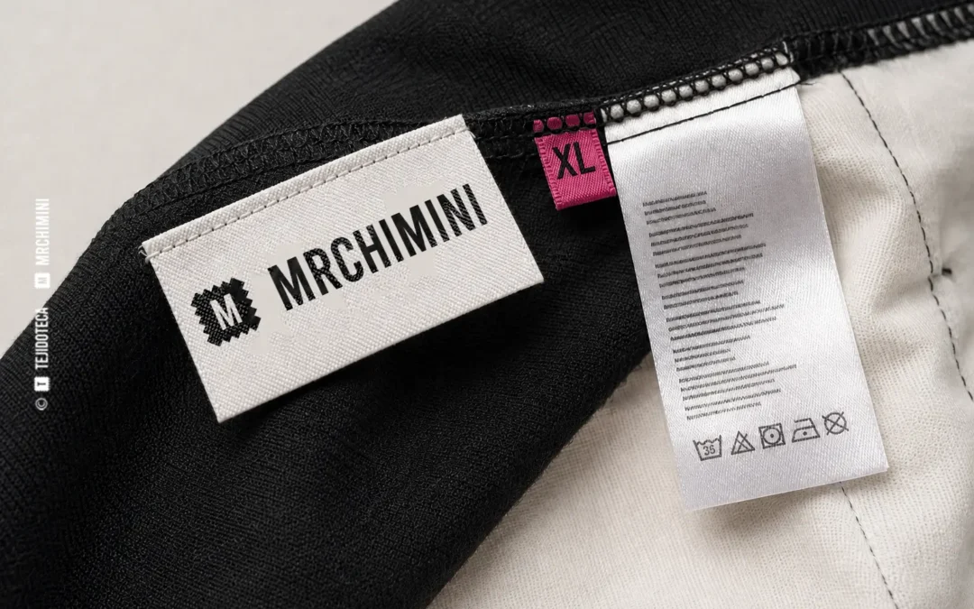 Etiquetas de marca, talla, composición y conservación cosidas en una prenda