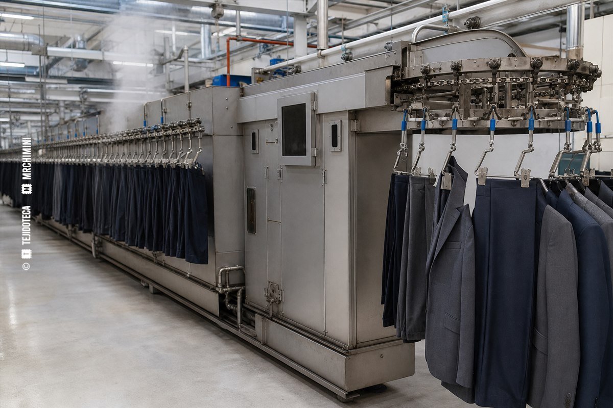 Túnel de acabado industrial con prendas colgadas en un transportador