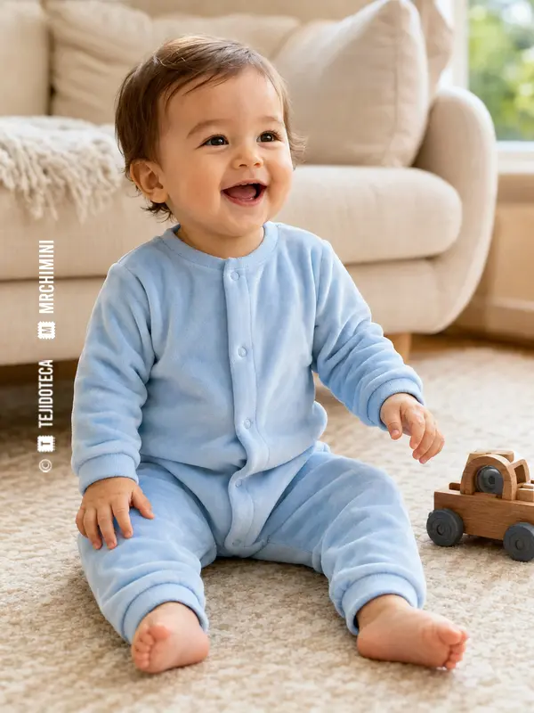 Bebé con conjunto azul claro de velour en una escena doméstica