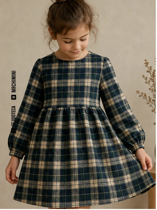 Vestido infantil de Viyela en cuadro verde bosque #365B49, azul marino y crema