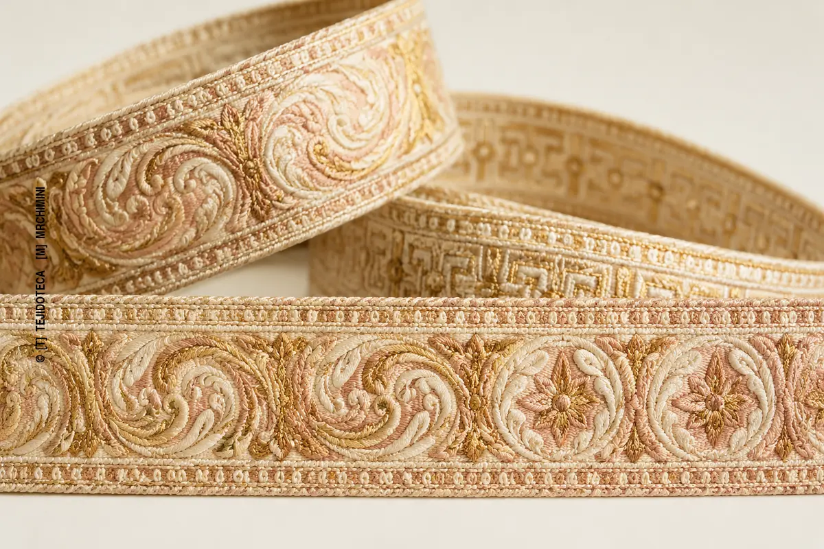 Bandas de agremán ornamental con motivos en relieve tejidos en tonos marfil, rosa y oro envejecido.