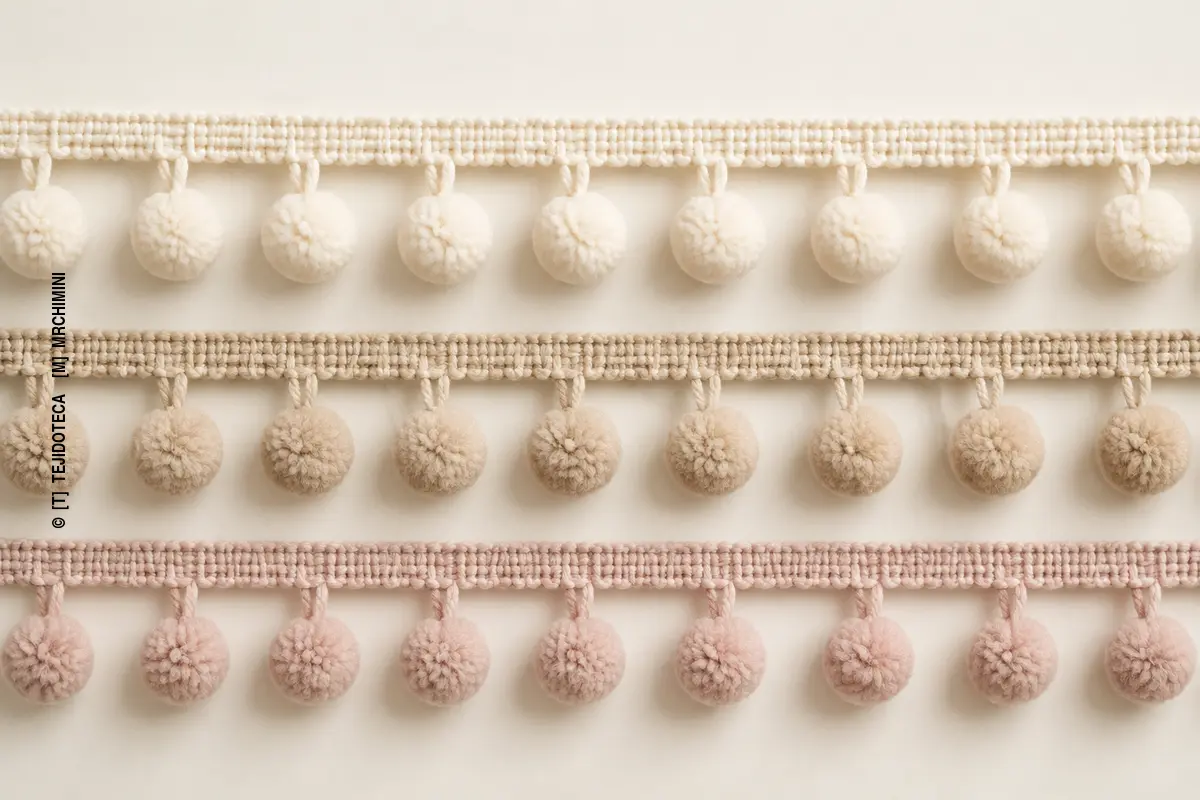 Cintas de madroños con pequeños pompones textiles espaciados de forma regular bajo la cabecera.