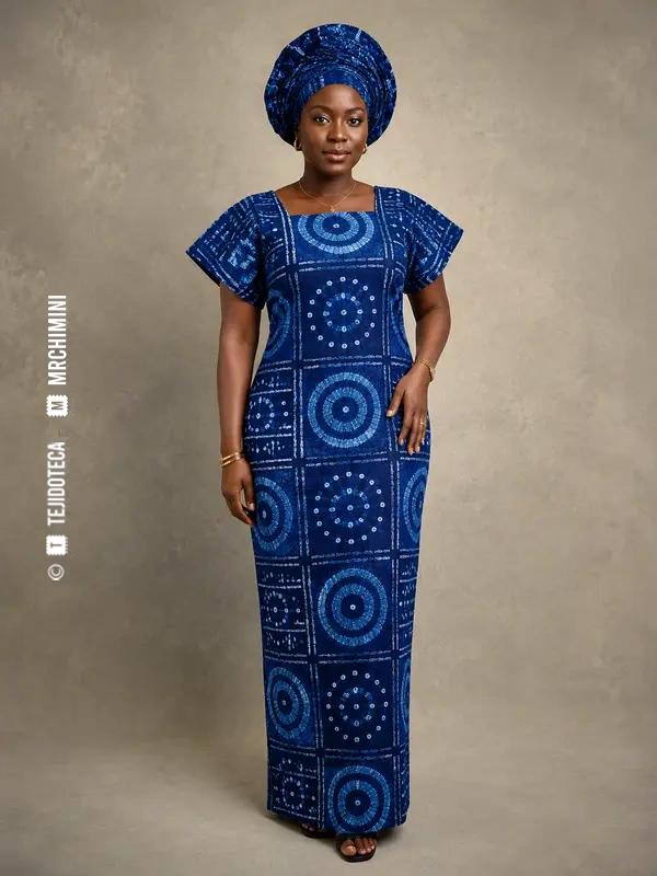 Mujer yoruba con vestido contemporáneo de adire índigo