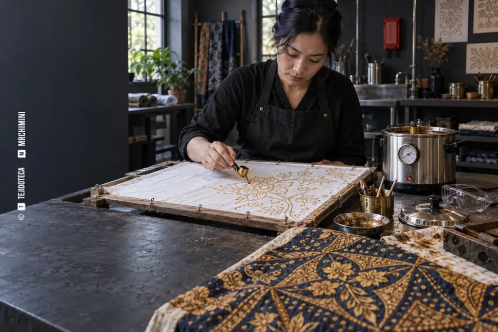 Aplicación de cera caliente con tjanting para una reserva batik — TEJIDOTECA