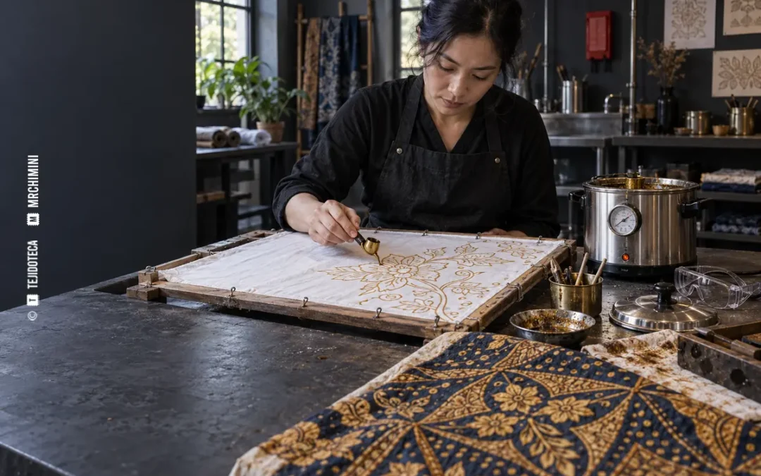 Aplicación de cera caliente con tjanting para una reserva batik — TEJIDOTECA