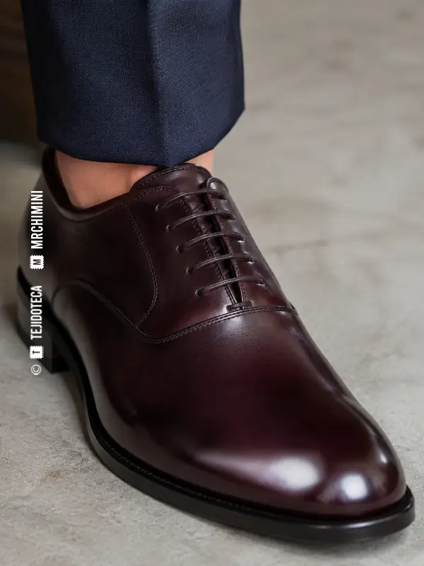 Primer plano de zapato Oxford de box calf burdeos llevado por una persona