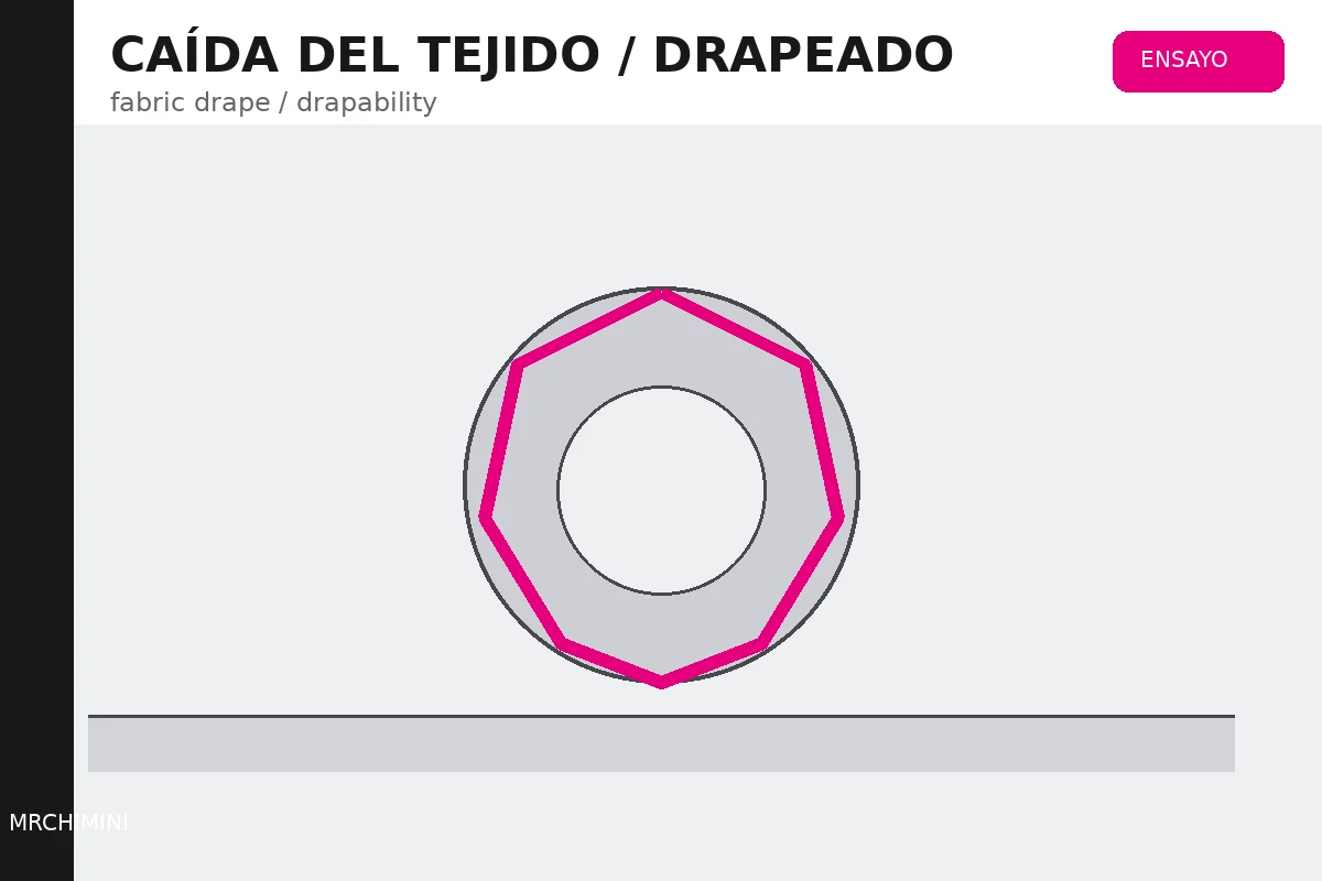 CAÍDA DEL TEJIDO / DRAPEADO – TEJIDOTECA Probeta circular de tejido formando pliegues durante un ensayo de caída o drapeado.