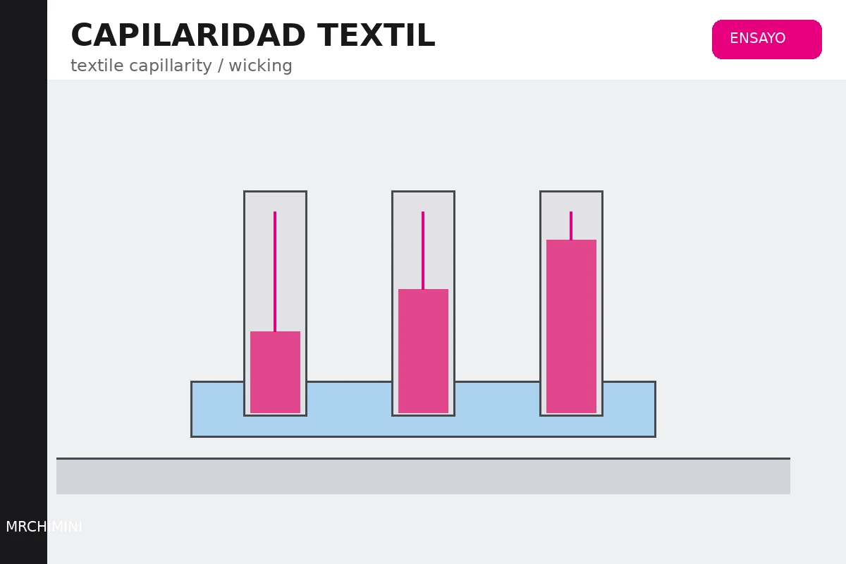 CAPILARIDAD TEXTIL – TEJIDOTECA Tiras de tejido con líquido coloreado ascendiendo verticalmente por capilaridad.