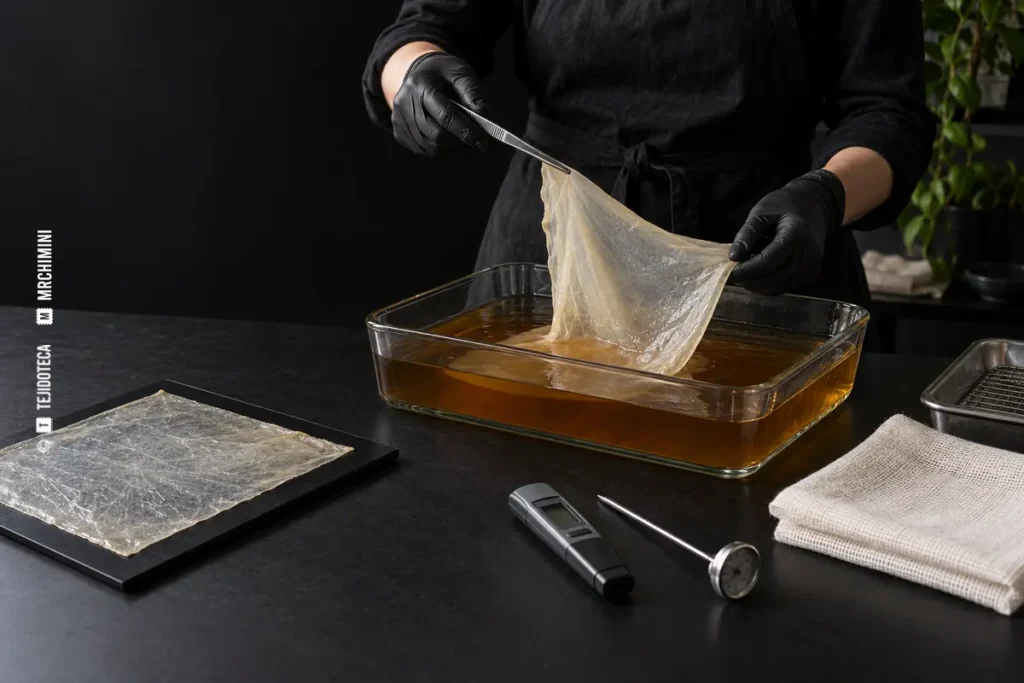 Biopelícula de celulosa bacteriana cultivada en una bandeja abierta — TEJIDOTECA