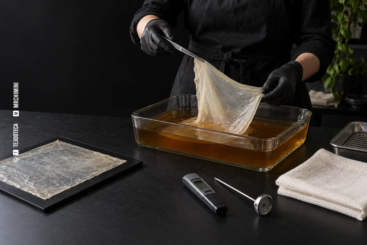 Biopelícula de celulosa bacteriana cultivada en una bandeja abierta — TEJIDOTECA