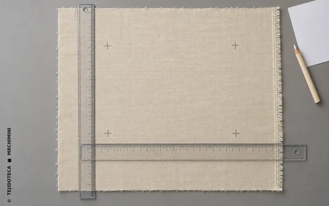 Muestra textil con marcas y reglas para medir el encogimiento en urdimbre y trama — TEJIDOTECA