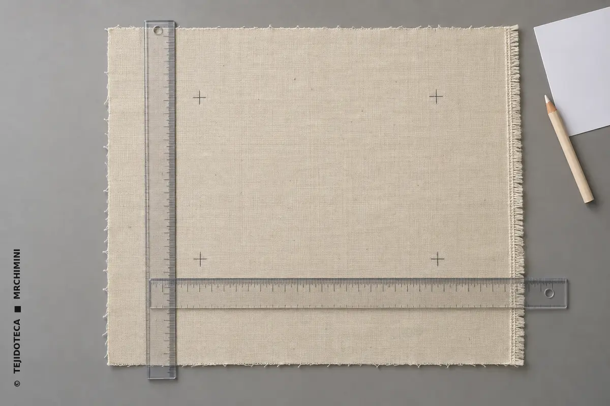 Muestra textil con marcas y reglas para medir el encogimiento en urdimbre y trama — TEJIDOTECA