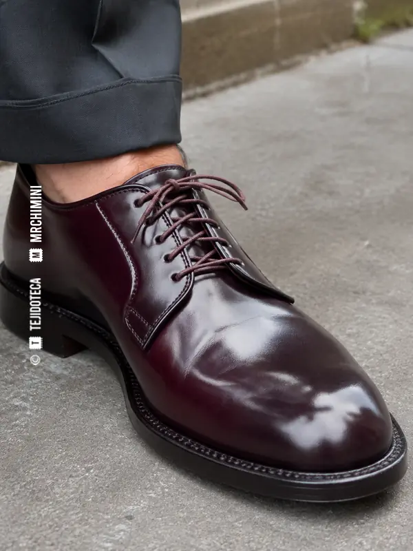 Primer plano de zapato de cordobán burdeos llevado por una persona