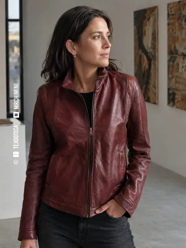 Mujer con chaqueta burdeos de cuero anilina