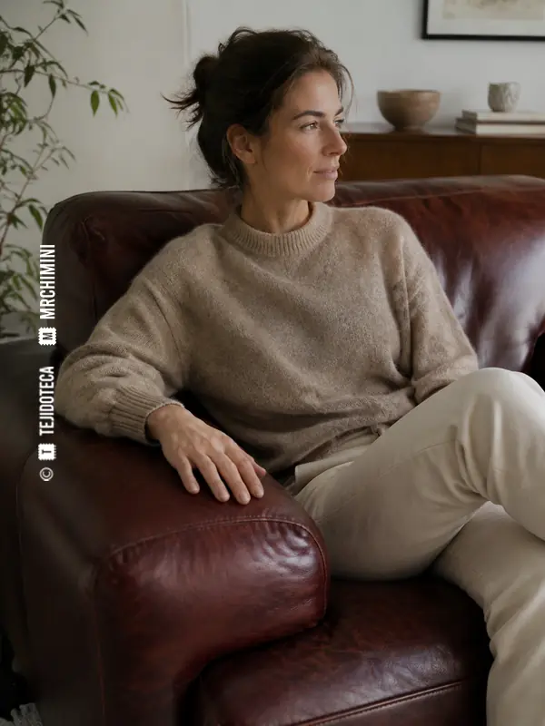 Mujer sentada en sillón burdeos de cuero anilina