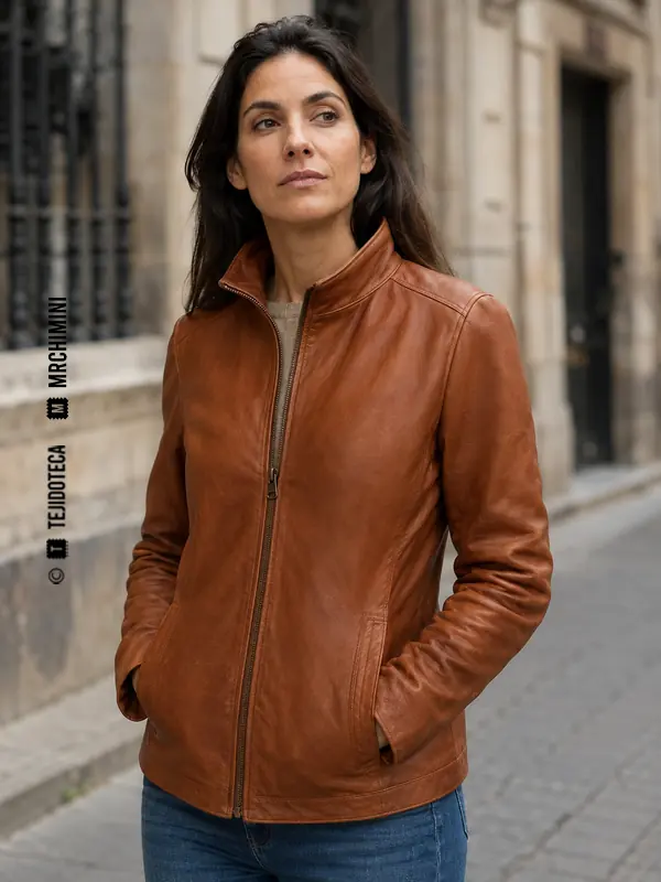 Mujer con chaqueta color coñac de cuero plena flor