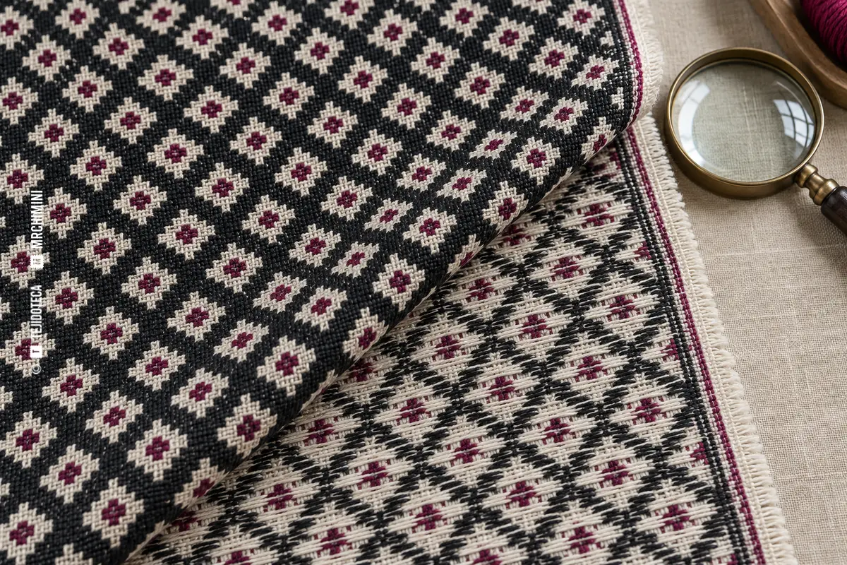 Tejido jacquard plegado que muestra simultáneamente la cara y el revés — TEJIDOTECA
