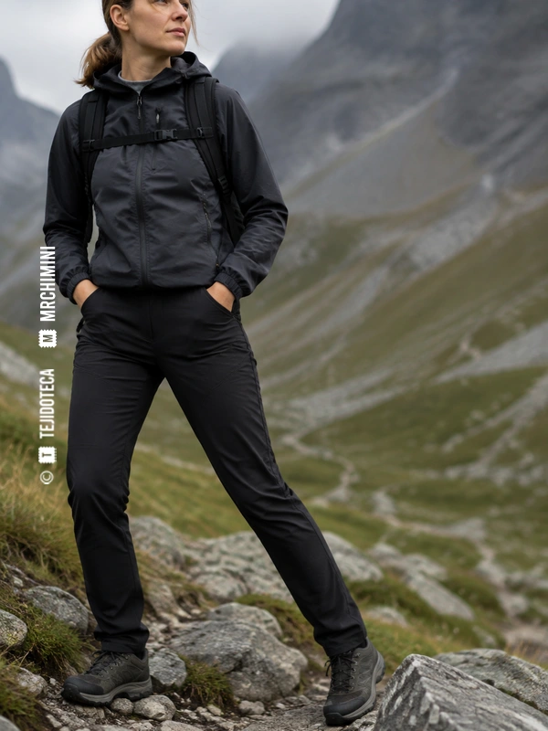 Excursionista con pantalón técnico negro confeccionado con tejido DRYSKIN®