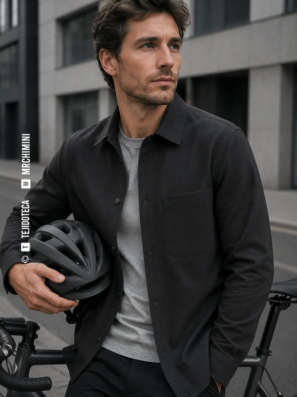 Ciclista urbano con sobrecamisa negra confeccionada con tejido DRYSKIN®