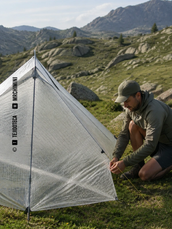 Montañero montando una tienda ultraligera de DYNEEMA® COMPOSITE FABRIC