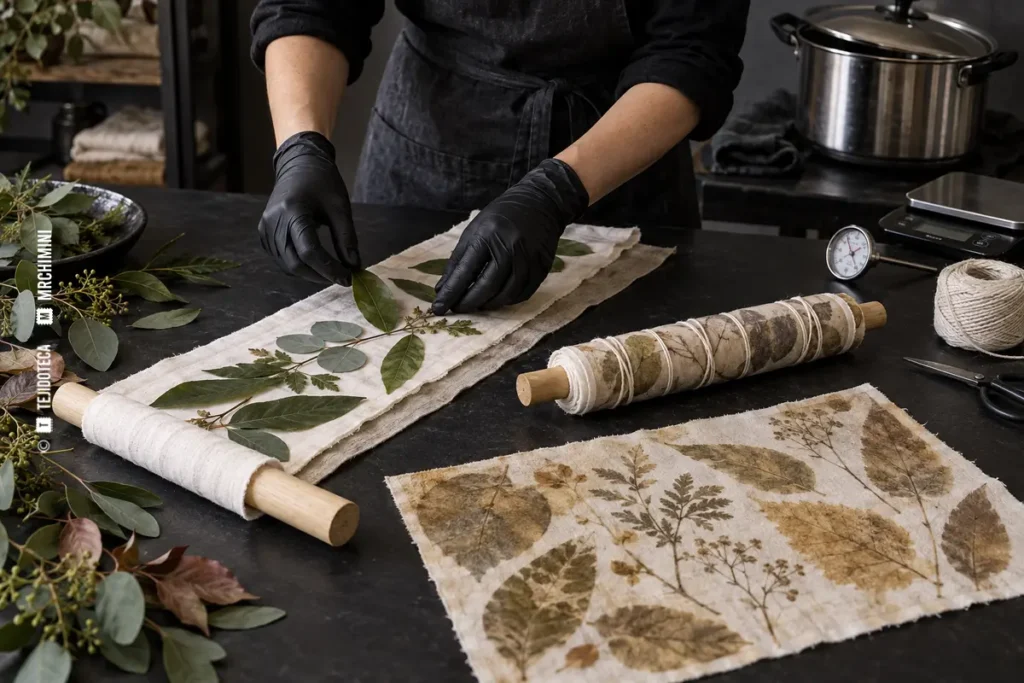 Ecoprint con hojas sobre tejido natural — TEJIDOTECA