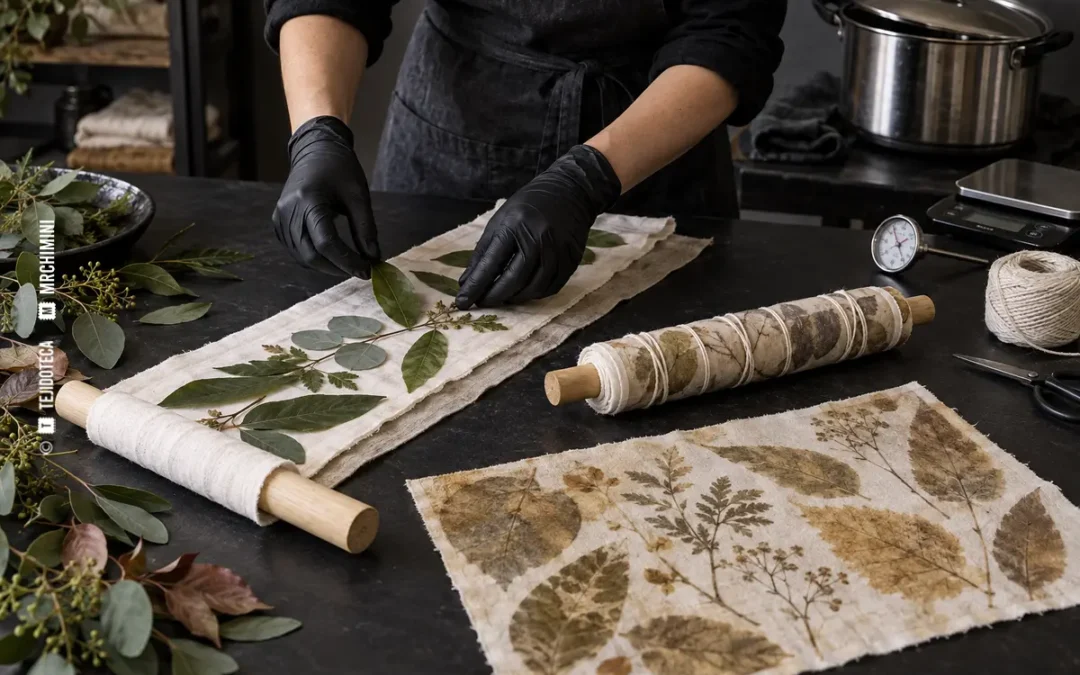 Ecoprint con hojas sobre tejido natural — TEJIDOTECA