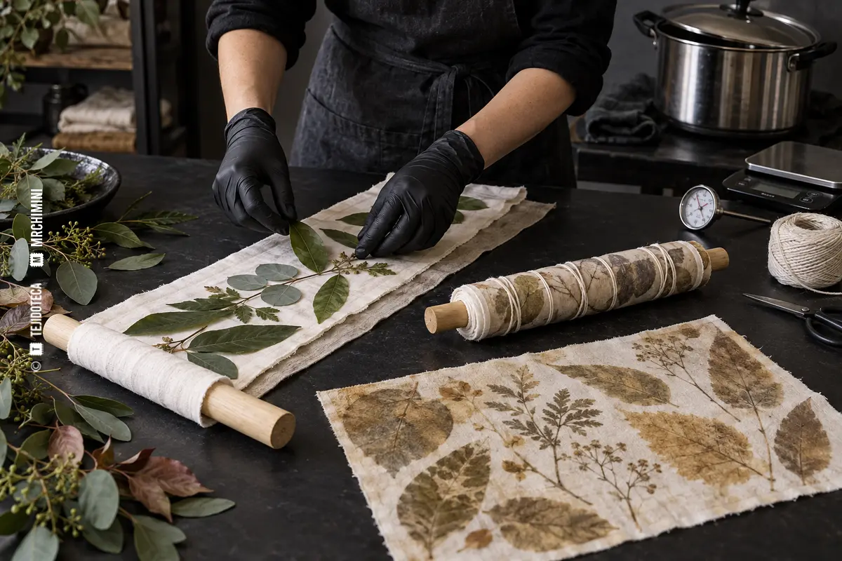 Ecoprint con hojas sobre tejido natural — TEJIDOTECA