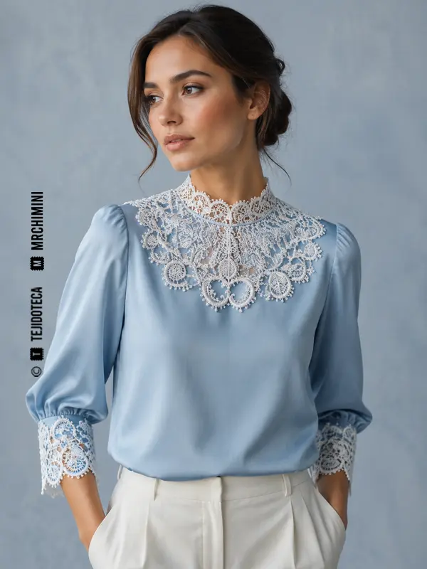 Blusa azul con cuello y puños de encaje de aguja