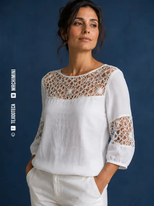 Blusa de lino con canesú de encaje de bolillos