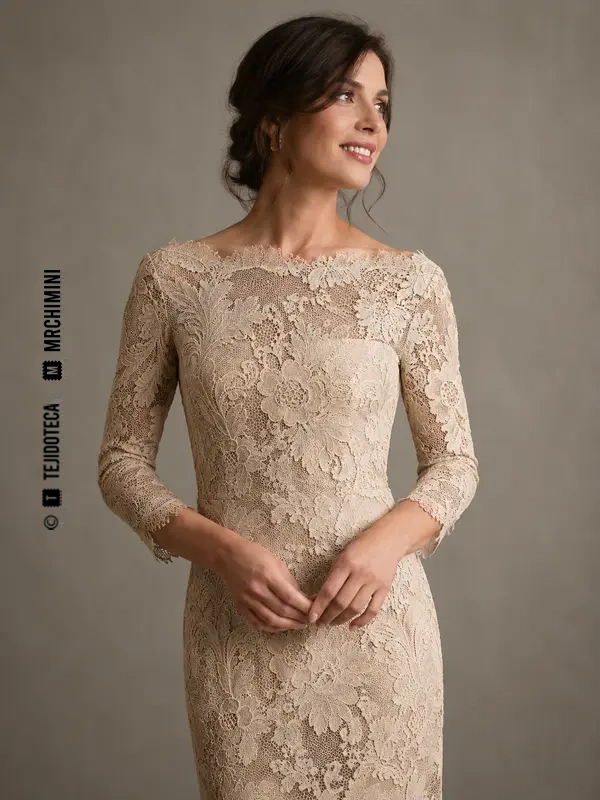 Mujer con vestido de ceremonia de encaje de Bruselas champán
