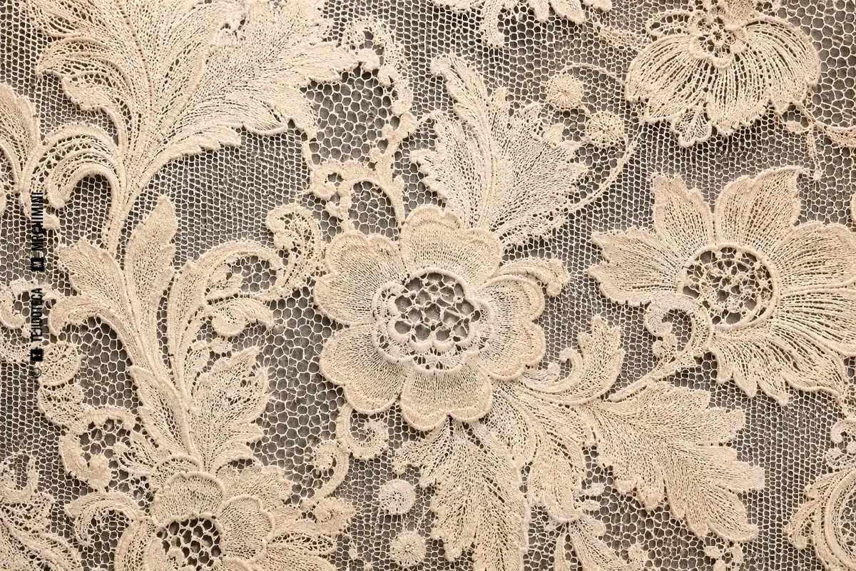 Macro de encaje de Bruselas champán con flores modeladas y fondo de malla