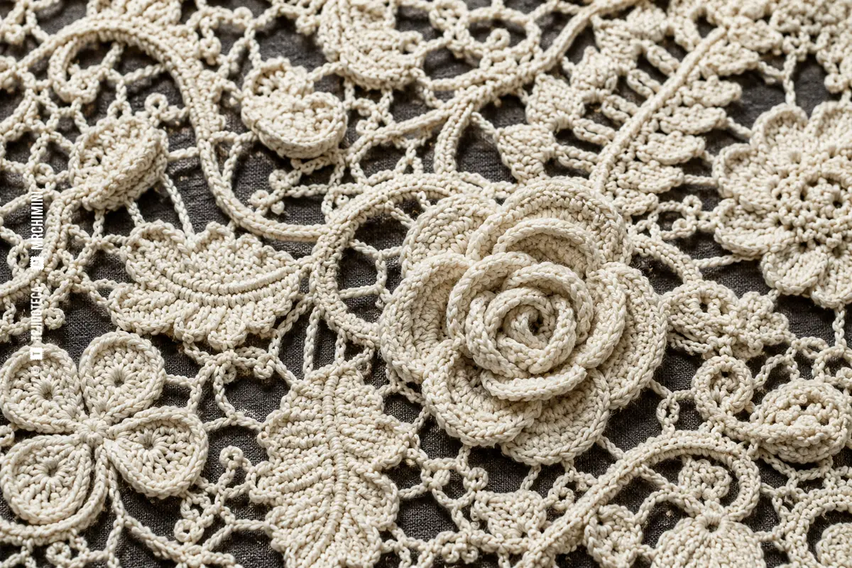 Macro de encaje irlandés de ganchillo color crudo con flores en relieve