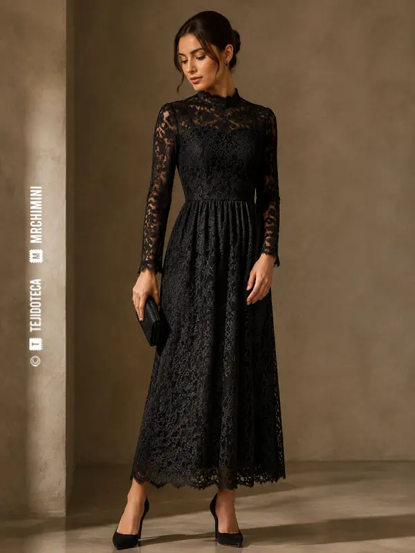 Vestido de noche de encaje Leavers negro