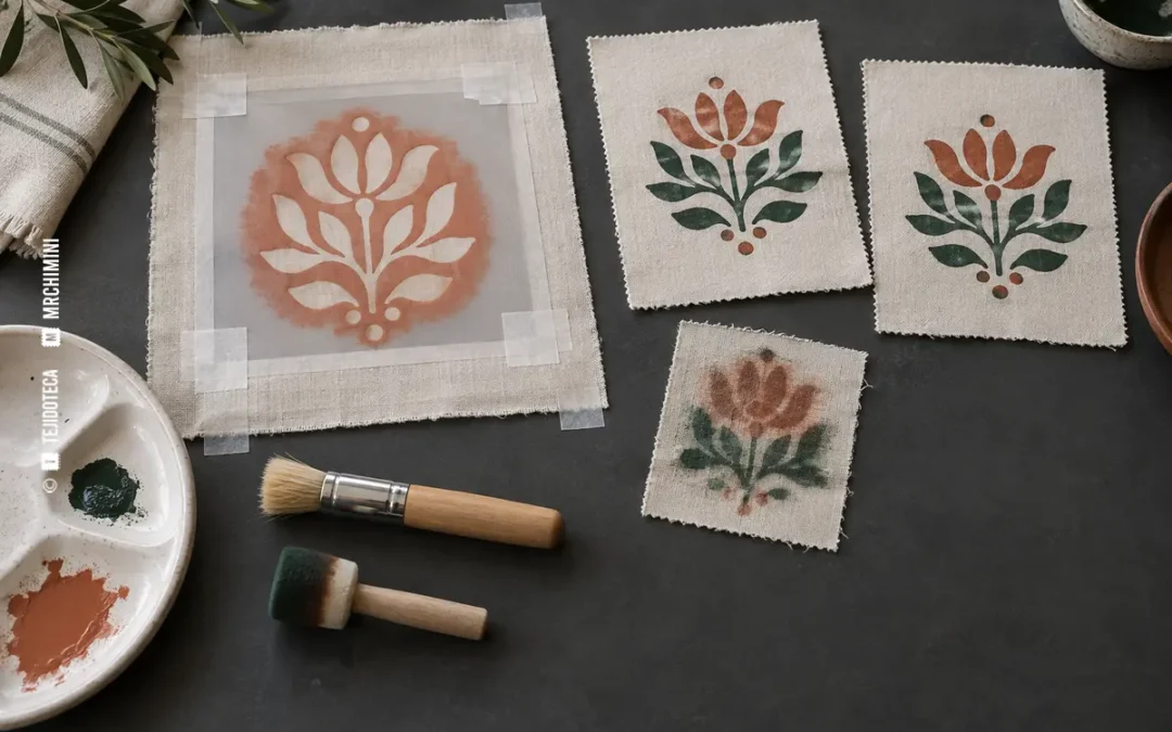 Plantilla fijada y muestras de estarcido textil con bordes controlados — TEJIDOTECA