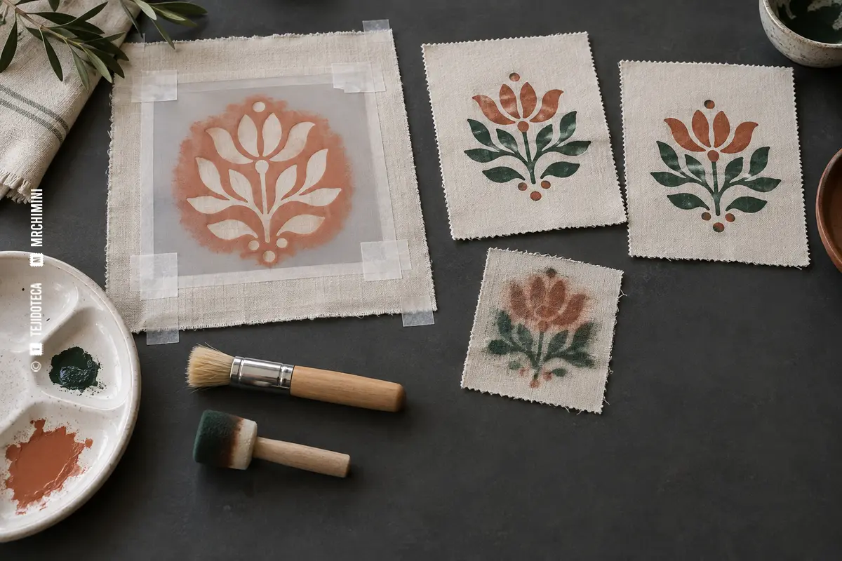 Plantilla fijada y muestras de estarcido textil con bordes controlados — TEJIDOTECA