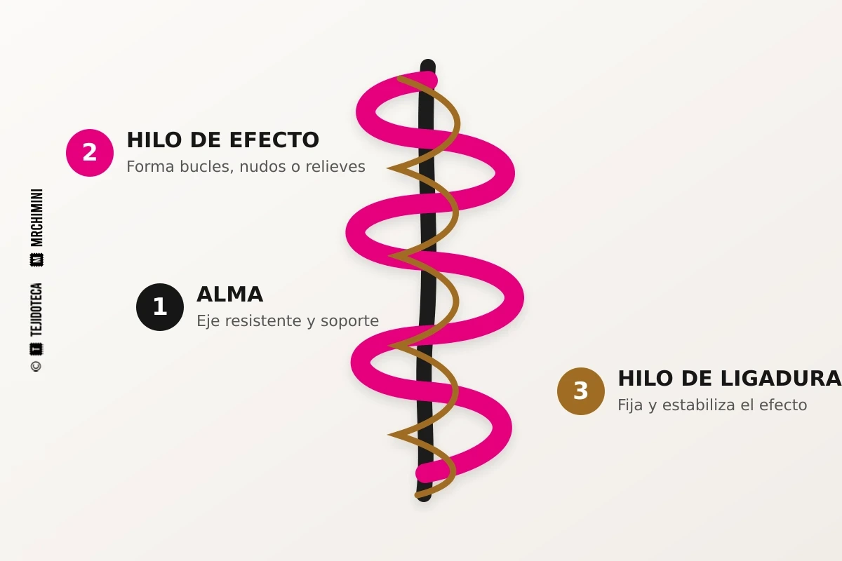 Esquema de la estructura de un hilo de fantasía: alma, hilo de efecto e hilo de ligadura.