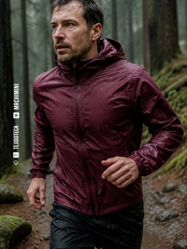 Corredor de montaña con chaqueta impermeable burdeos de laminado eVENT®