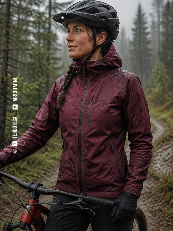 Ciclista de montaña con chaqueta impermeable burdeos de laminado eVENT®
