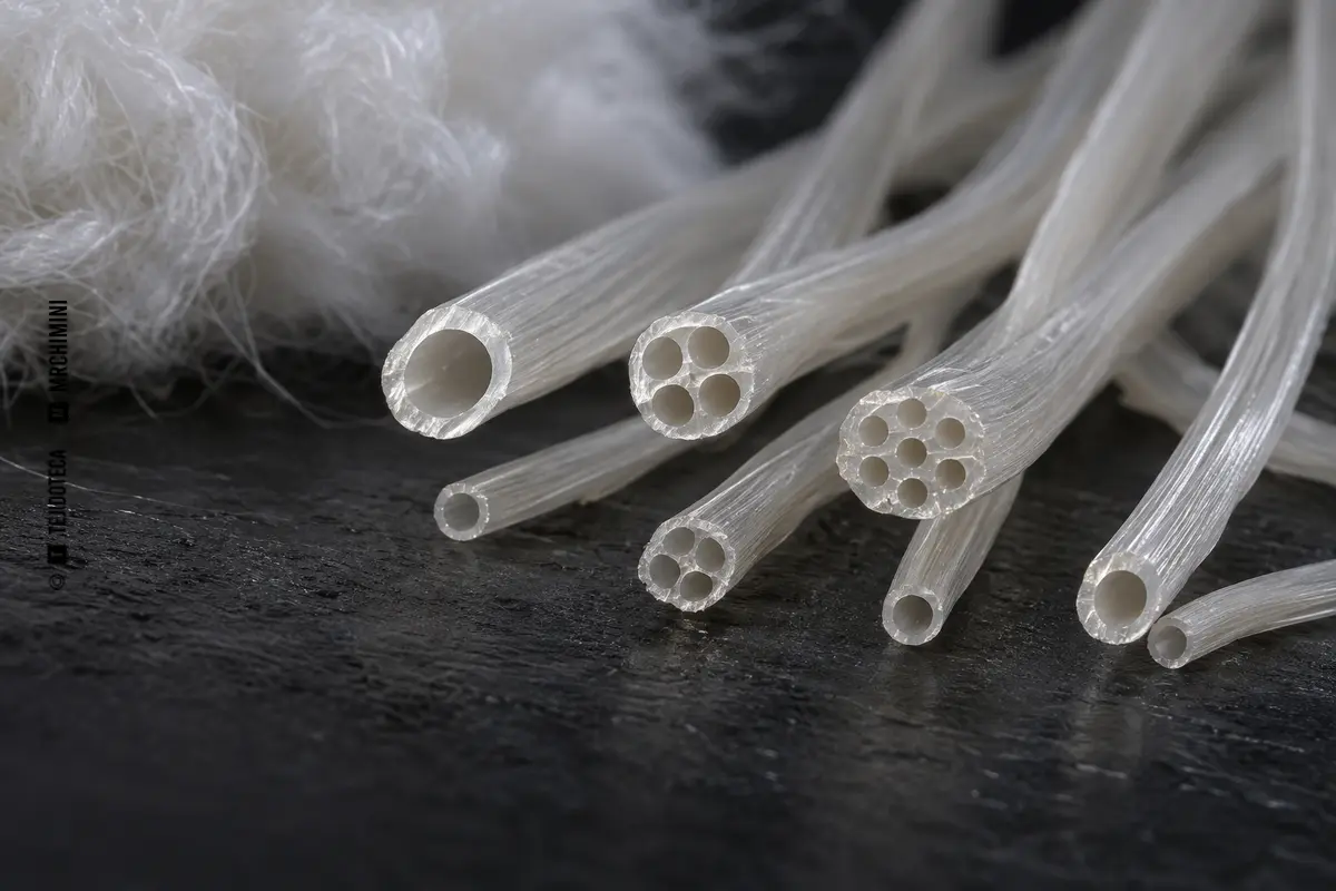 Macro técnico de múltiples fibras textiles cortadas mostrando uno y varios huecos internos continuos