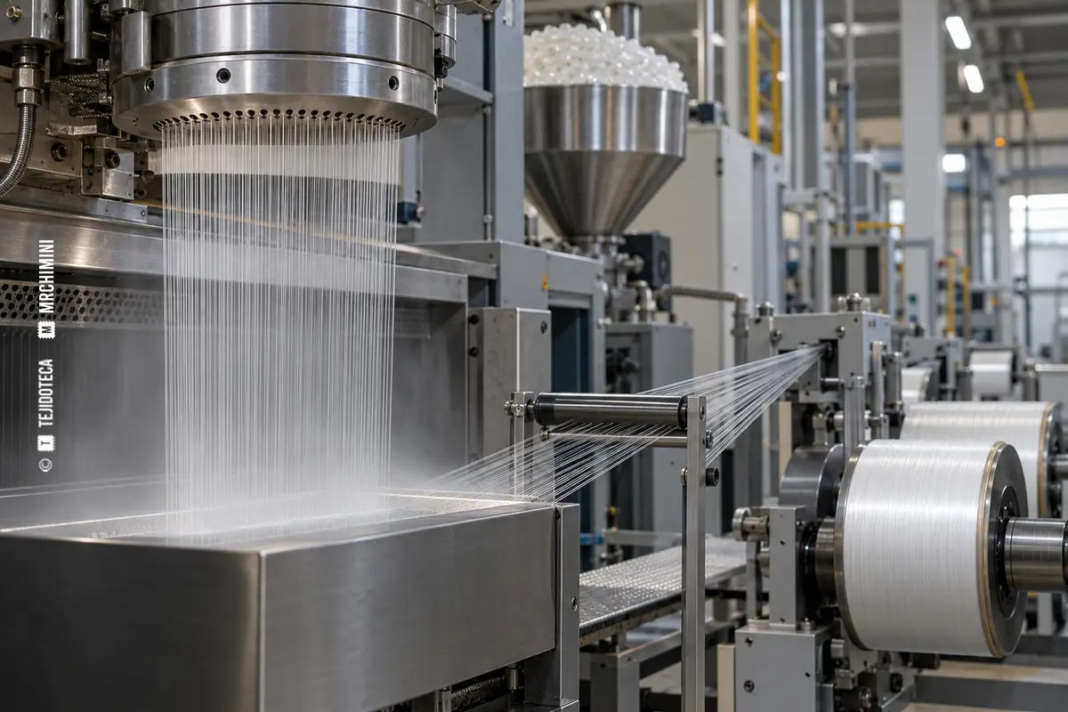 Hilera industrial genérica extruyendo múltiples filamentos textiles uniformes a partir de polímero, sin marcas