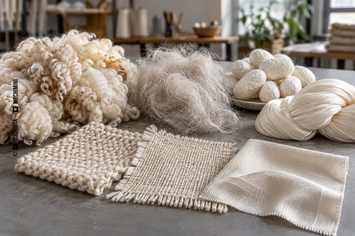 Muestras de lana, fibras animales finas, capullos de seda e hilos textiles sin marcas