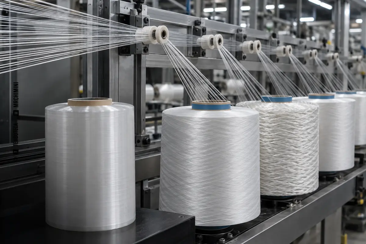 Múltiples filamentos textiles continuos finos reuniéndose y enrollándose en bobinas industriales genéricas