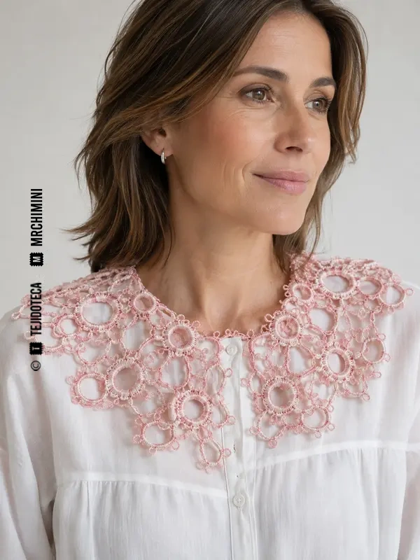 Mujer con blusa blanca y cuello de frivolité rosa