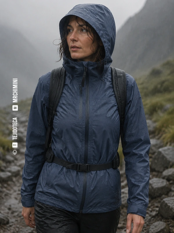 Excursionista con chaqueta impermeable azul pizarra de laminado GORE-TEX®