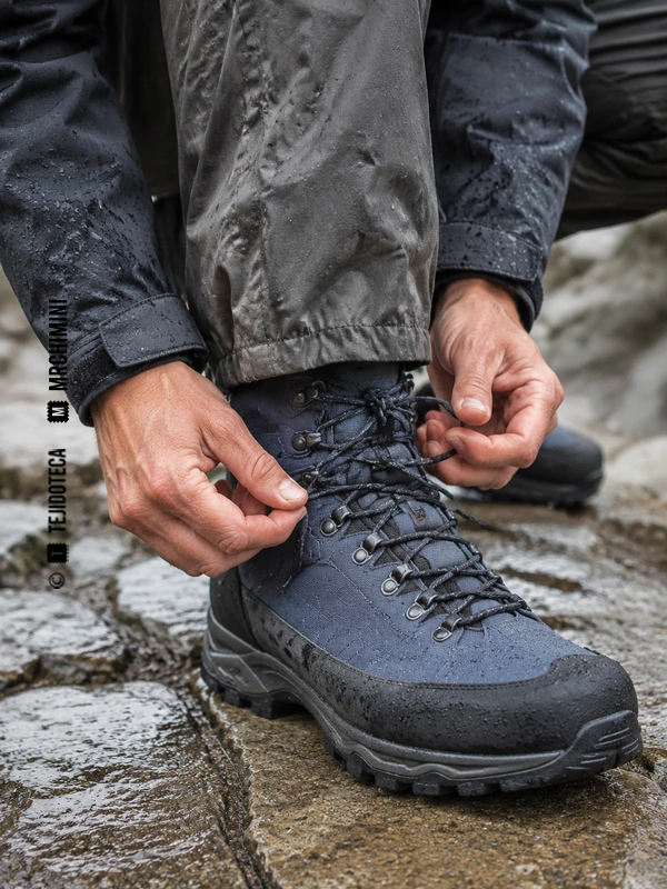 Detalle de una bota de senderismo con paneles textiles impermeables GORE-TEX®