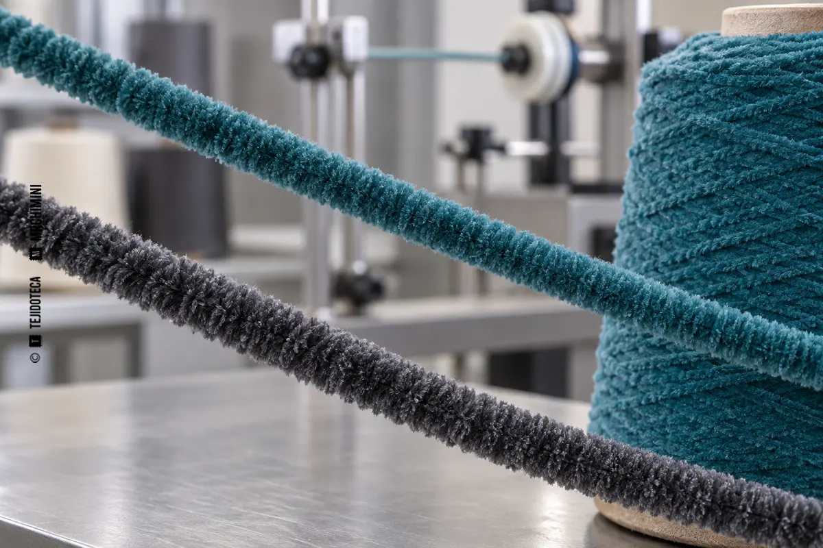 Hilos de chenilla teal y gris con pelo corto uniforme dispuesto alrededor de un núcleo