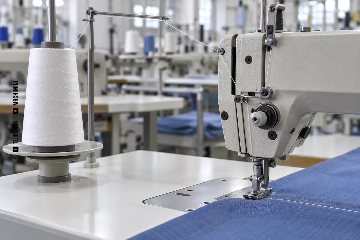 Cono de hilo de coser blanco siguiendo el recorrido de una máquina industrial que realiza una costura recta