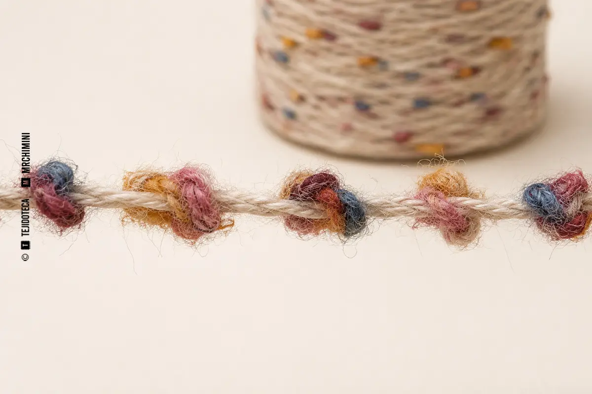 Hilo de fantasía — nudos o neps Detalle macro de un hilo de fantasía con nudos o neps multicolores.