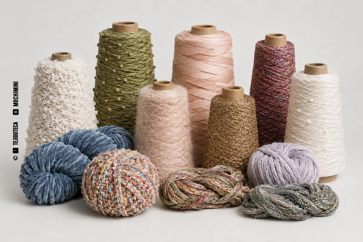 Hilo de fantasía — imagen principal sin texto superpuesto Conjunto de hilos de fantasía con efectos de bucle, nudos, torsión, color y textura.